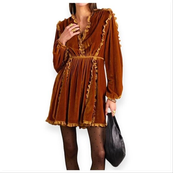 Ulla Johnson Erika Dress, in Sandstone,‎  Velvet Ruffle Trim,  Size 0, NWT - Picture 1 of 16